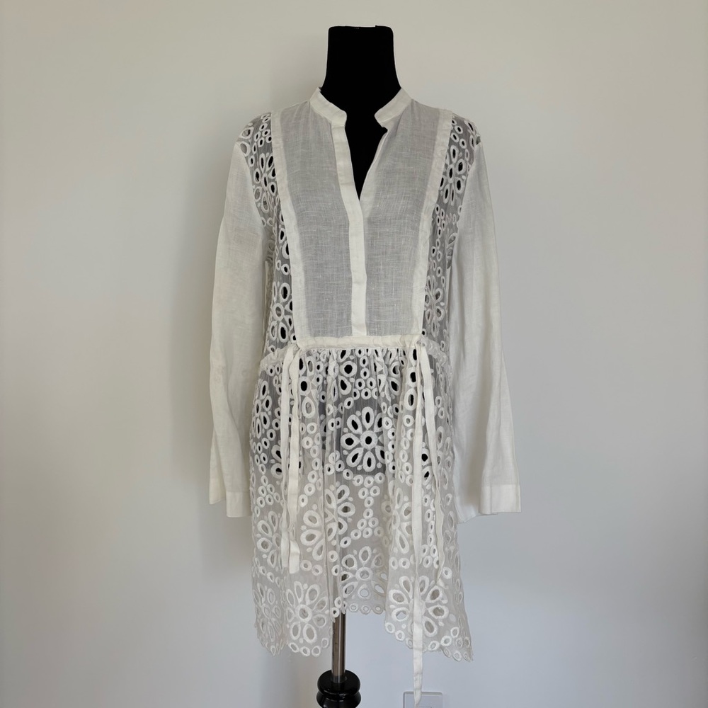Vintage ZARA White lace embroidered long sleeve tie waist dress. white sheer co